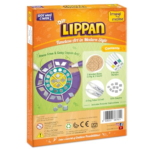 Image of Imagimake DIY Lippan Art Kit | DIY Return Gift - Pack of 6 | Girls Age 8+ | Lippan art kit: 3 wooden bases, 3 acrylic markers, 150+ sequins & 2 clay tubes; mirrorwork, clay & colour; girls 9-12