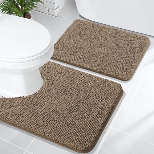 Image of OLANLY Bathroom Rugs Sets 2 Piece, Soft Absorbent Chenille Bath Mats and U-Shaped Contour Toilet Mat Area Rug Set, Machine Washable Bath Carpet, Home Decor Accessories(24 inchx16 inch+24 inchx20 inch, Tan)