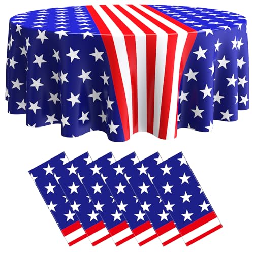 Image of Oudain 6 Pcs 4th of July Decoration Tablecloths 84 Inch Plastic 250th Anniversary Patriotic Tablecloth American Flag Red White Blue Disposable Tablecover for Memorial Day Party Supplies (Star)