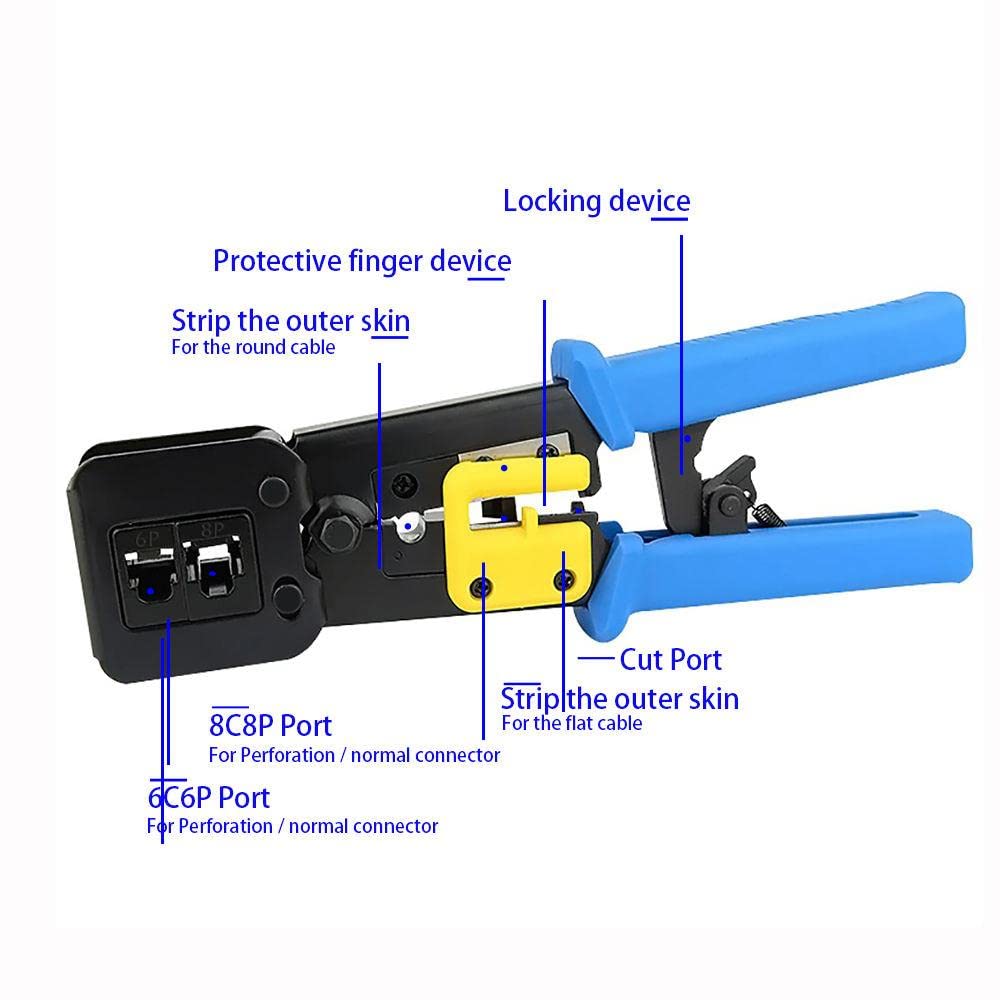 PrimeX PX-8060Y RJ45/RJ11 CAT6 Yeni Nesil Jak Pense, 8P8C RJ45 ve 6P4C RJ11 Uyumlu Network Telefon Kablo Ucu Sıkma Pensesi, Kablo Kesme Soyma Kilitli Yaylı Jak Çakma Pense