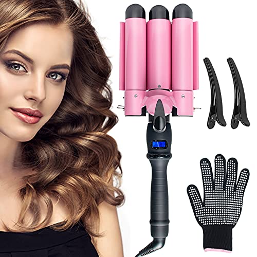 32mm 3 Barrel Curling Iron Wand,Crimper Hair Iron with LCD Temp Display Temp Adjustable,Ceramic Tourmaline Triple Barrels Hair Waver Heat Up Quickly,Beach Waves Curling Iron with Heat Resistant Glove