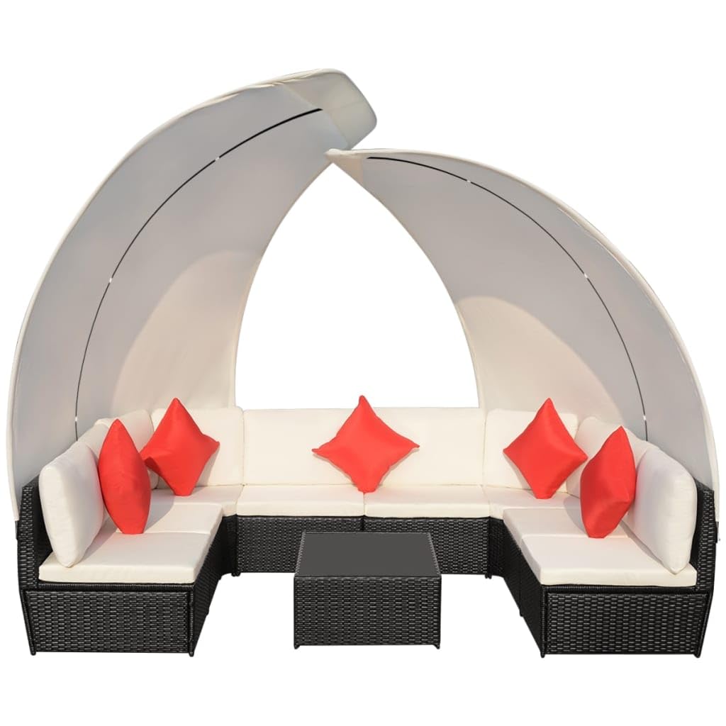 Juego de salón de jardín de 9 piezas, ratán sintético negro con 2 toldos, conjunto modular para exteriores, para terraza, balcón y jardín, incluye cojín y mesa de café