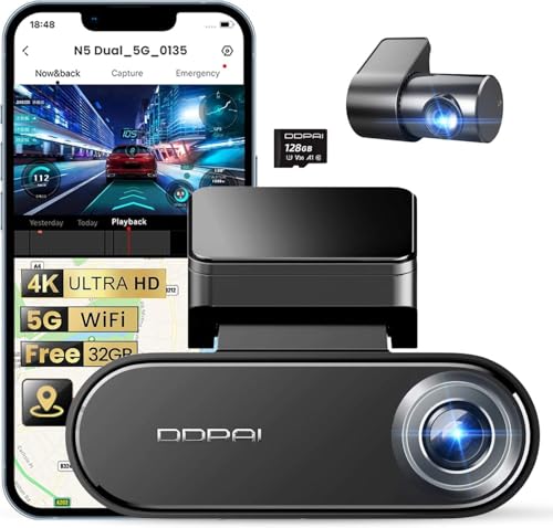 DDPAI N5 Dual Dashcam Coche 4K+1080P, Gratis 128GB Tarjeta + 32GB eMMC Integrada, Super Visión Nocturna, 5G WiFi, GPS, Modo Estacionamiento 24h, G Sensor, Grabación en Bucle, Control por App