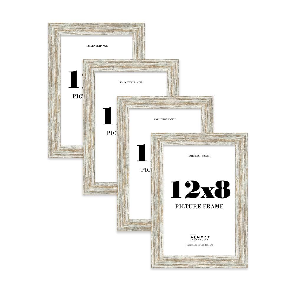 12x8 Distressed White Oak Picture Frame - Rustic Wood Industrial Effect Photo Frame for Wall Display, Ideal for Posters, Prints & Home Décor, Wall Hooks and Kickstand, 32mm Edge - 4 Pack — image 1