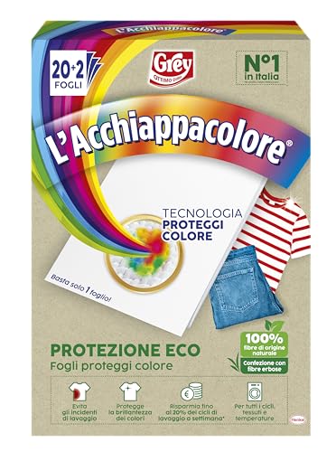 Grey L'Acchiappacolore Protezione ECO, Fogli Cattura Colore Lavatrice Evita Incidenti Lavaggio, Foglietti Acchiappacolore e Anti Sporco, Confezione da 22 fogli