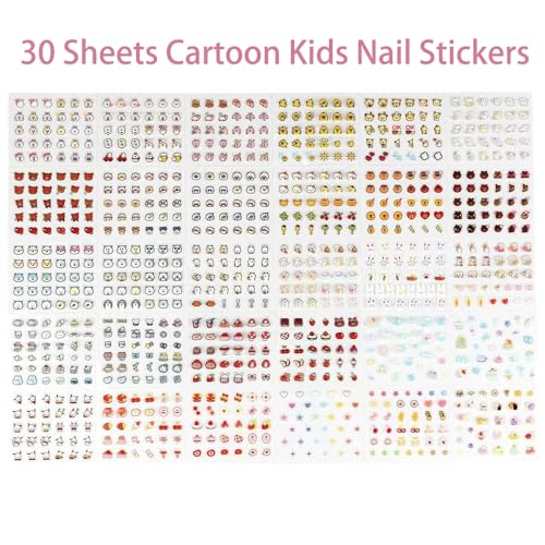 Image of 30 Sheets Kids Nail Stickers, 3D Self-Adhesive Nail Art Sticker, Cute Cartoon Nail Decals for Girls, DIY Manicure Decorations Birthday Christmas Gift