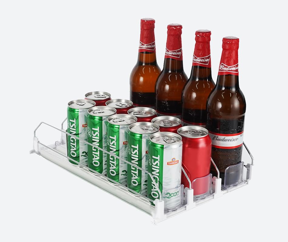 Drink Organizer for Fridge with Dual-Tier Guardrails – Adjustable Refrigerator Shelf Holds 18 Cans, 12-20oz Bottles – Smart Space-Saving Storage for Home, Office, Commercial Coolers