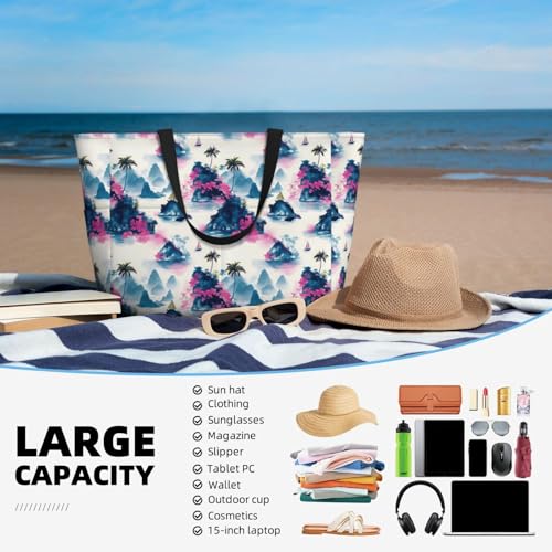 Large Beach Bags for Women Sandproof - Summer Island Print Summer Work Travel Tote Bags with Zipper4