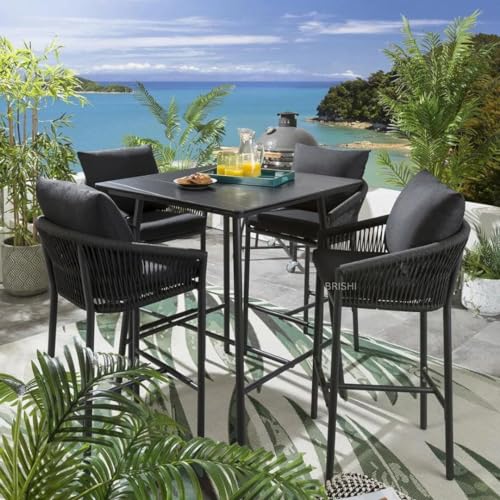 Image of BRISHI Outdoor Bar Set Garden Patio Bar Set Chairs and Table Set Balcony Braid & Rope (4 Seater, Black)
