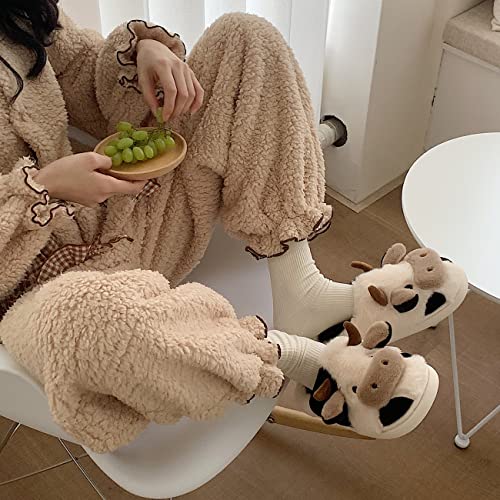 Pinkiiten Womens Cozy Plush Cartoon, Cute Cow Animal, Warm Indoor Outdoor Home Fuzzy Slippers, White, 7.5-8 #TOP5