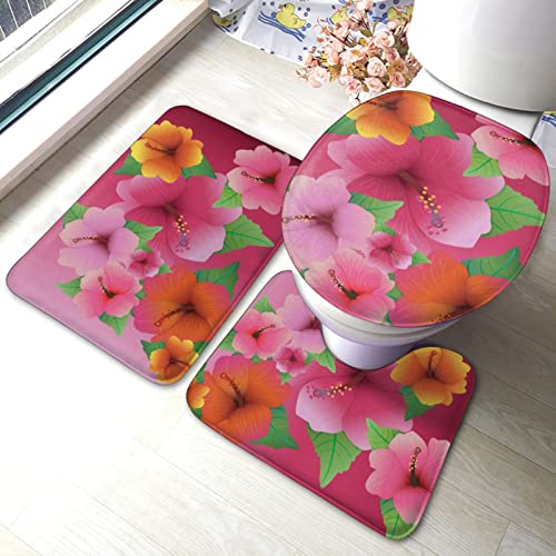 DIRYKILP Badematte + Konturmatte + Toilettendeckelbezug, Kunst Schöne Blumen 3 Stück Badematten Set, mit rutschfester Klebeunterseite