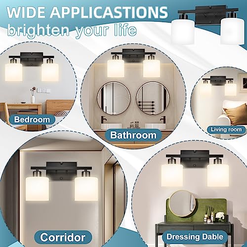 Image of CANMEIJIA 2-Light Bathroom Vanity Light Fixtures, Matte Black Vanity Wall Scones Lighting for Bedroom Living Room, Modern Vanity Lights with Milky White Glass Shades, E26 Socket, Bulbs Not Included