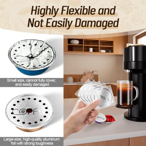 Image of 200 Pcs Aluminum Foil Seal Lids with Double Ear Tabs | Strong Sealing Performance, 3-Point Positioning Design for Reusable Nespresso Vertuo Coffee Pods Capsules
