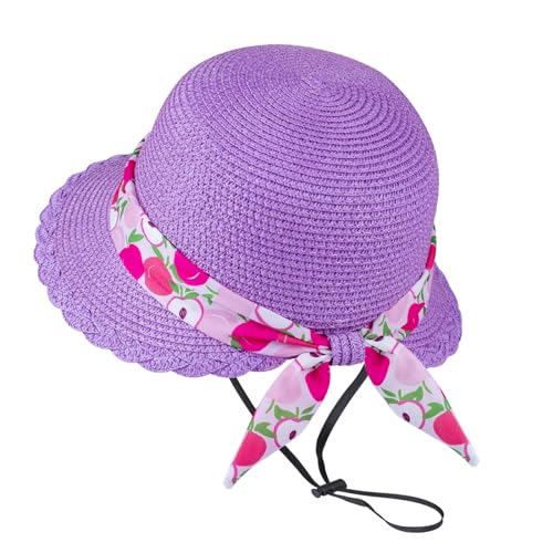 Girls Straw Sun Hat with Chin Strap and Two Cute Brooches Summer Beach UV Protection