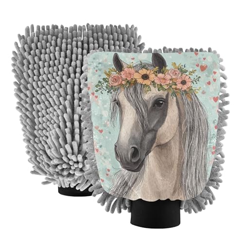 Guanto da bagno in microfibra con motivo a fiori di cavallo, confezione da 2 guanti per lavaggio auto, antigraffio, per la pulizia