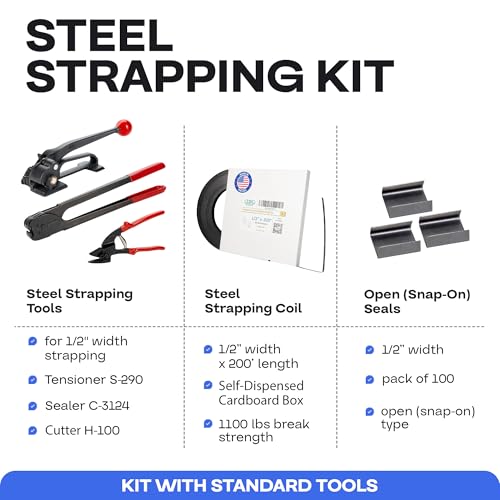 Image of IDL Packaging 1 /2 inch x 200' Steel Banding Strapping Kit, 1100 lbs Break Strength - Premium Heavy-Duty Banding Tool for Pallet Strapping - Strapping Tensioner, Sealer, Cutter /Crimper