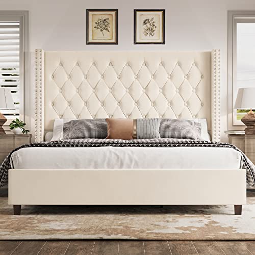 Papajet PAPAJET-71G King Platform Bed Frame 61.4 Inch Handmade Headboard Velvet Tall Upholstered Bed Deep Button Tufted/No Box Spring Required/Wood Slat Support/Easy Assembly/Cream thumb #4