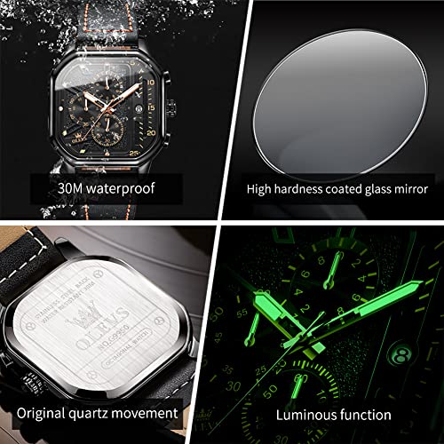 Image of OLEVS Watches for Men Quartz Chronograph Leather Fashion Dress Watch Date Waterproof Luminous Casual Square Business Wrist Watches
