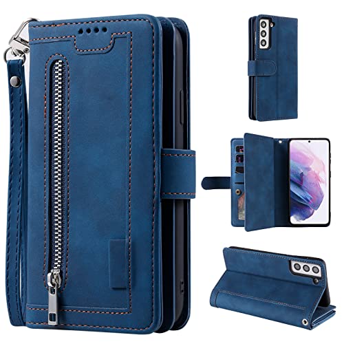 UEEBAI Coque pour Samsung Galaxy S21 FE, Etui en Cuir PU Portefeuille Rétro Antichoc Flip Case Anti-Choc Housse avec Fentes de Cartes Fonction Support, Fermeture Magnétique - Bleu