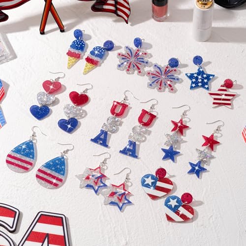 Y1tvei American Flag Earring for Women - 9 Pairs 4th of July Accessories Heart Star USA Red White Blue Dangle Drop Glitter Acrylic Preppy American Patriotic USA Love Flag Jewelry Gifts2