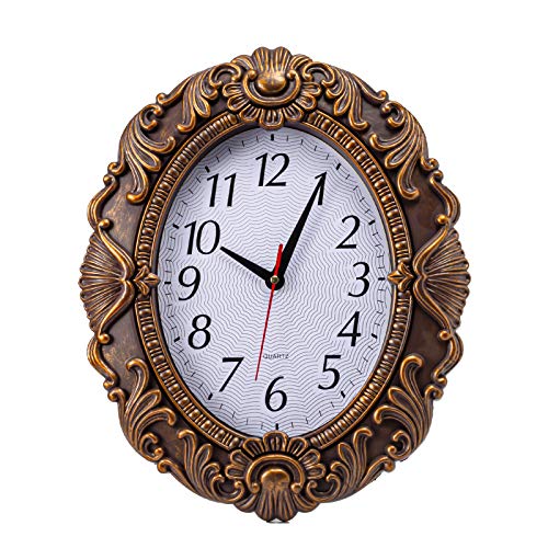 14-Inch Retro Oval Wall Clock, Silent Non-Ticking Home Decor Wall Clock for Home/Office/School, Arabic Numerals Bronze