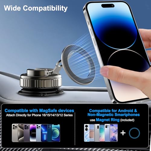 Kairiyard Upgraded Vakuum Handyhalterung Auto Saugnapf, 360°Drehbar Zusammenklappbar Tragbar Magnetisch Handy Halter für Magsafe Autohalterung Kompatibel mit KFZ/Spiegel/iPhone 17/16/15/14/13/12