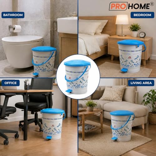 Image of PROHOME Aqualina Floral Plastic Pedal Dustbin for Home, Office, Kitchen, Bathroom & Bedroom | Trash Can /Garbage Waste Bin with Lid & Handle (15L, White)