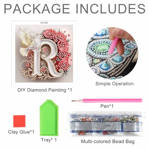 Image of AiYuanzsh 5D Diamond Art Kits for Adults Letter R, Radiant Rose & Dove Initial DIY Crystal Rhinestones Diamond Painting, Elegant Diamond Art for Wall Decor and Romantic Valentine's Day Gift 17x17cm