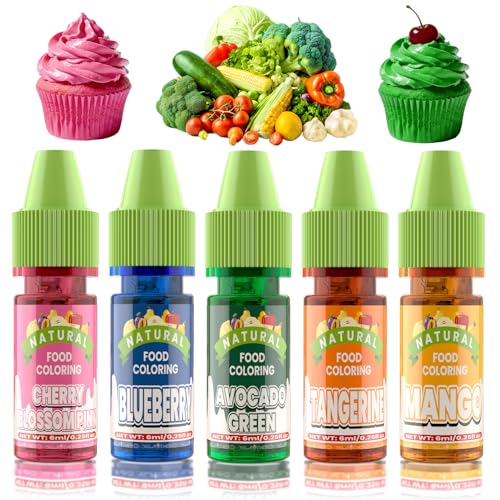Image of Natural Food Coloring - 5 Colors FD&C & Artificial Dye Free Food Coloring, Liquid Plant Based Food Dye for Baking, Cake Decorating, Frosting, Easter Eggs, Fondant