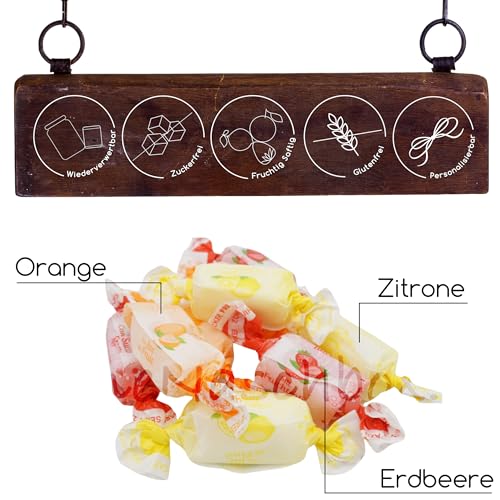 Deine Naschbox | Zuckerfreie Fruchtsaft Toffees | 500g Naschbox | XL Fruchtbonbon Großpackung | Kaubonbons | Zitrone Orange & Erdbeer Geschmack