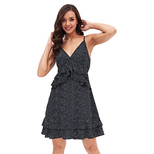 Image of Kibo Casual Women's Black Polyester Polka-dot V Neck Tiered Dress