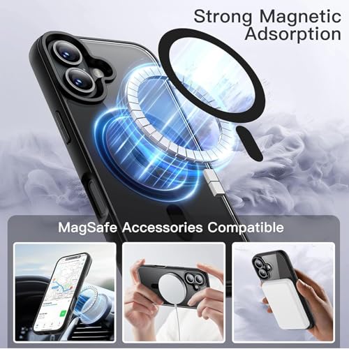 Image of DIZORO Compatible iPhone 16 Case,Compatible with MagSafe, Non Yellow Military-Grade Drop Protection & Hard PC Back Cover Slim Transparent Anti-Scratch Shockproof Phone Case - Black