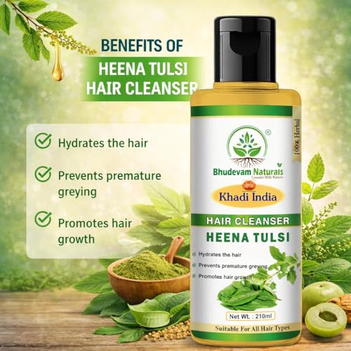 Image of Bhudevam Natural Khadi Henna & Tulsi Shampoo Natural Hair Care for Strength & Shine | Promote Hair Growth & Protect Hair Scalp Suitable for All Hair Types- Pack of 2