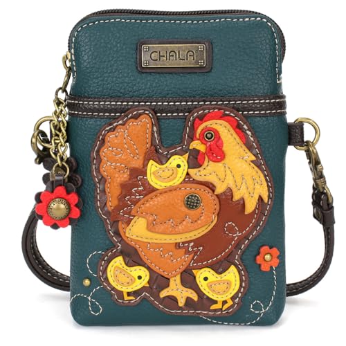 CHALA Farm Animal Collection Cell Phone Crossbody Purse-Women PU Leather/Canvas Multicolor Handbag with Adjustable Strap - Hen with Chicks - turquoise