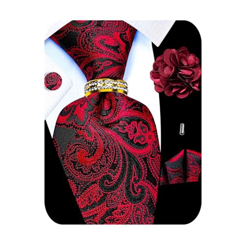 Image of 5PCS Tie and Pocket Square for Men, Silk Necktie and Handkerchief Cufflinks with Gold Ring and Lapel Pin Set