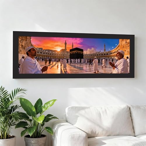 Image of PAINTINGMANTRA Makka Madina Kaaba Islamic Arabic Wall Art Framed Luxury Paintings for Home Decoration, Living room, Bedroom and Office Decoration (99x38 CM)