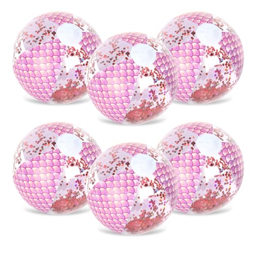 Whaline 6Pcs 16'' Mermaid Inflatable Beach Ball Pink Glitter Pool PVC Balls Game Toys for Summer Hawaiian Tropical Theme Beach Party Decorations Water Sand Game Accessory