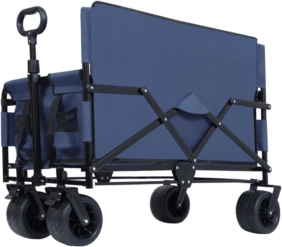 Heavy-Duty Folding Wagon with All-Terrain Wheels and Removable Seat - 500 lb Capacity for Camping, Beach, and Outdoor Use (Dark Blue + Steel-1)