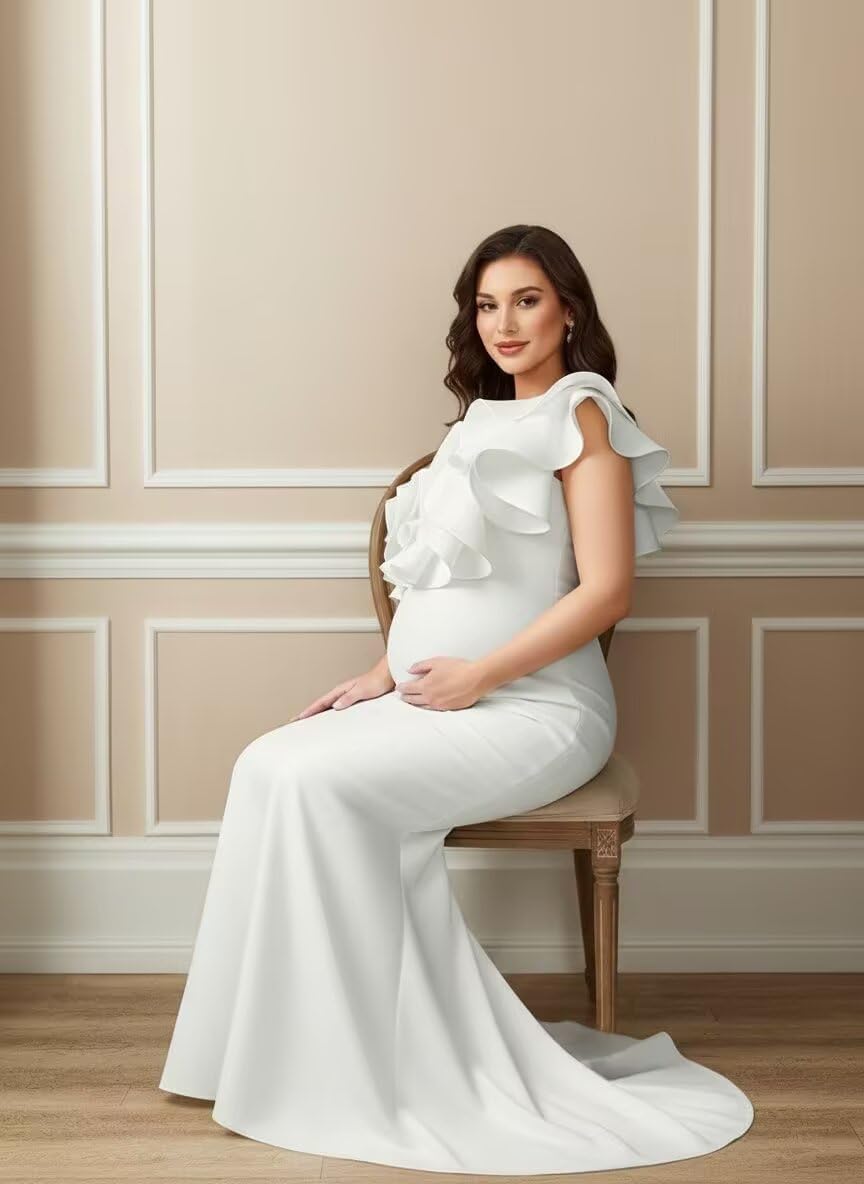 Ruffle One Shoulder Maternity Dress Mermaid Satin Long Baby Shower Dresses for Photoshoot CM10