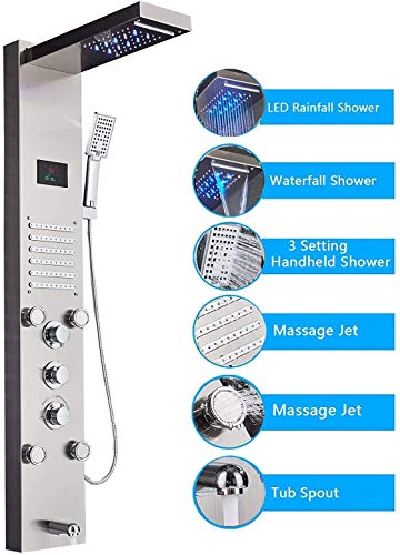 Senlesen Brushed Nickel LED Rainfall Shower Panel Muti-function Faucet Rain Massage Jets System Tub Spout with Hand Shower Hand Sprayer Column - Thumbnail 6