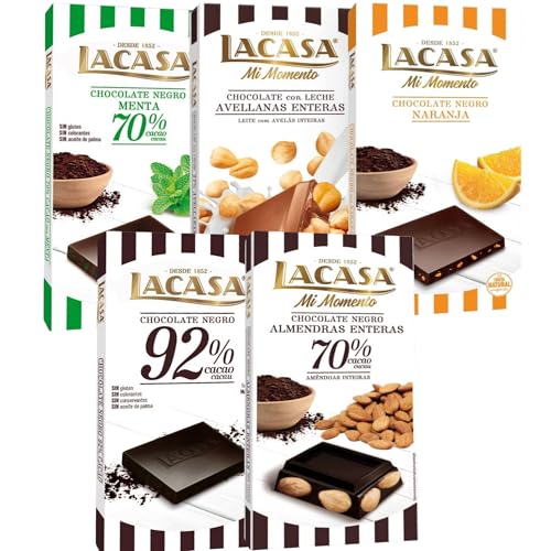 Lacasa pack 5 tabletas de chocolate:leche avellanas, naranja chocolate negro, menta y chocolate,cacao 92%, almendra 200g