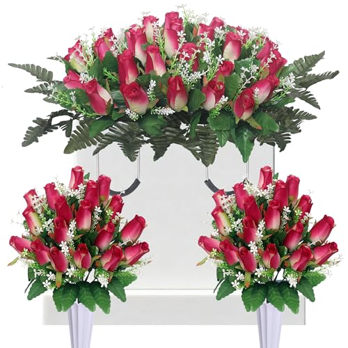 IDMOP 3 Sets Christmas Artificial Cemetery Flowers for Grave Headstone Flower Saddle with 2 Memorial Rose Bouquets with Vases for Grave Tombstone Decorations (Rose Pink)