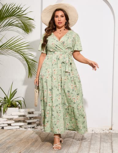 Image of ShopWonder Womens Plus Size V Neck Wrap Maxi Dress High Waist Ruffle Summer Casual Dress with Belt