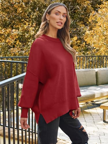 Image of LILLUSORY Women's Oversized Batwing Sweaters 2026 Fall Outfits Trendy Crewneck Knit Side Slit Fashion Pullover Tops