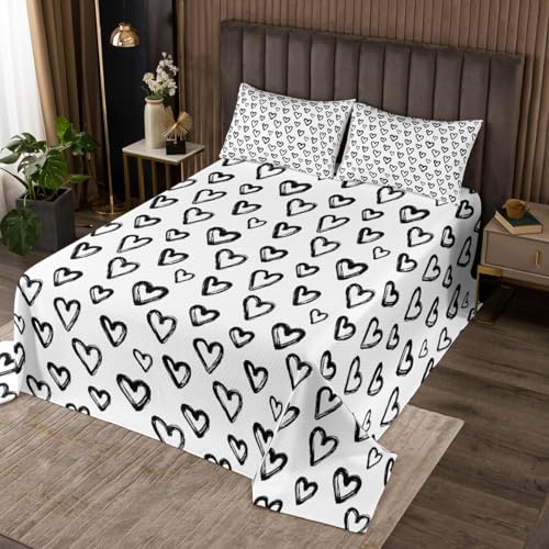 jejeloiu Kids Heart Love Bedspread King Size Geometric Love Pattern Coverlet Set Romantic Quilted Coverlet Valentine's Day Black and White Quilted