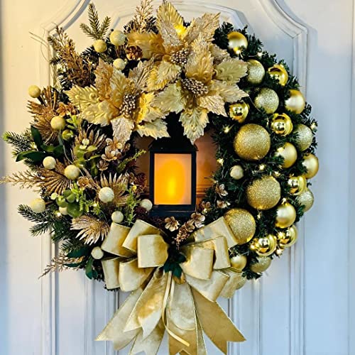FOUDAY Christmas Wreaths for Front Door, 40cm/15.7in Door Wreaths and Lantern,Baubles, Berries and Bows, Artificial Christmas Garland for Front Door Holiday Festival Indoor Outdoor Decor (Gold)