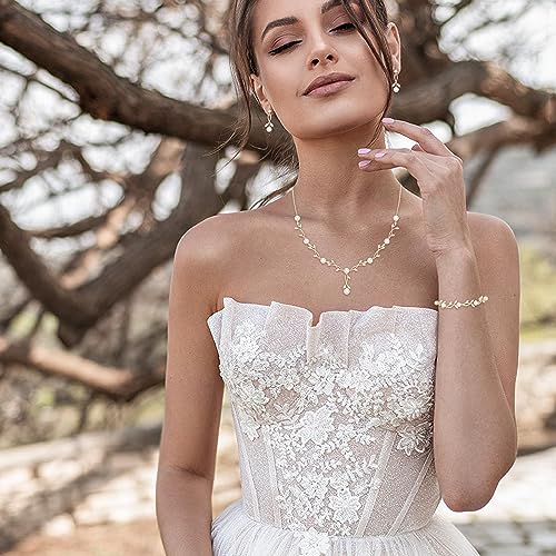 EVER FAITH Bridal Cubic Zirconia Jewelry Sets for Women, White Simulated Pearl Leaf Vine Pendant Wedding Party Necklace Earrings Set for Bridesmaid Bride2