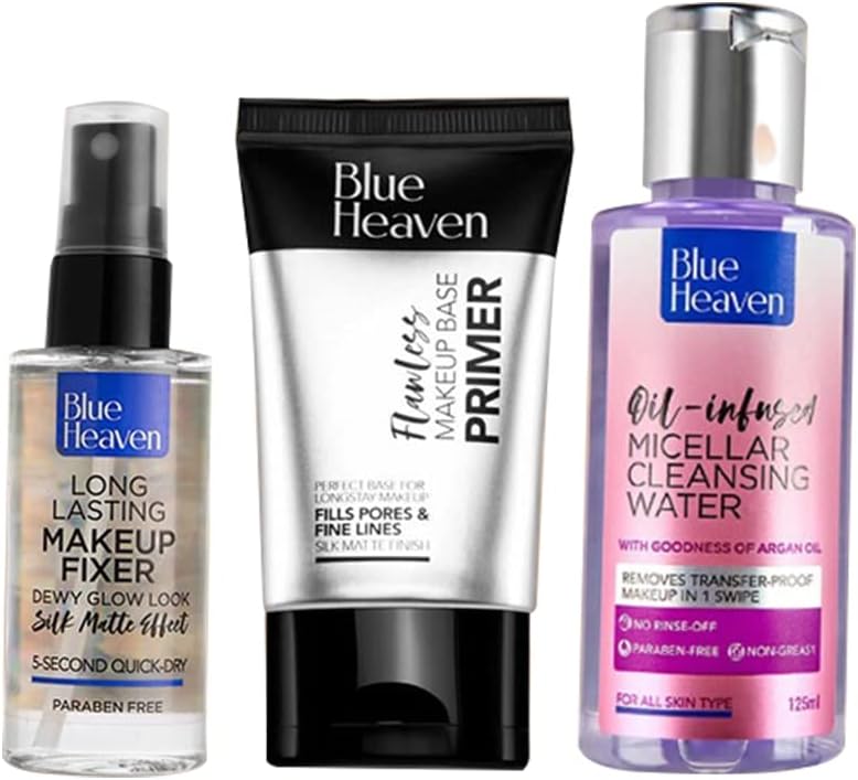 Blue Heaven The Must-Have Makeup Trio, 90gm | Pack of 3| Silicone Gel Based Primer, Long lasting Fixer for dewy Glow Look, Oil Infused Cleansing Micellar Water