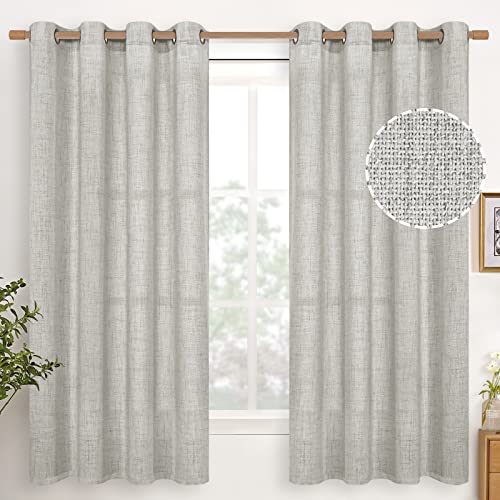 YoungsTex Light Grey Linen Semi Sheer Curtains 63 Inches Long for Bedroom 2 Panels - Textured Light Filtering Window Drapes with Bronze Grommet Privacy for Living Room, 2 Panels, 52 X 63 Inch