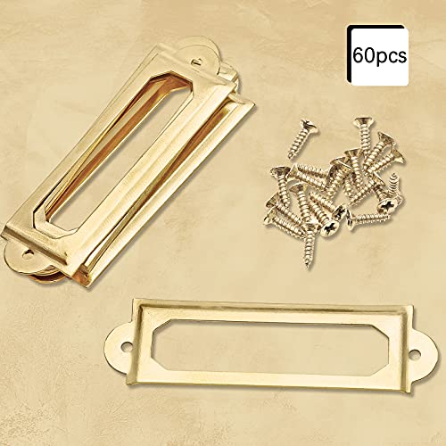 Rierdge 60 Pcs Antique Label Holder, 2.3 Inch Long Metal Office File Cabinet Shelves Drawer Name Card Label Holder Frames With Screws (Gold) #TOP1